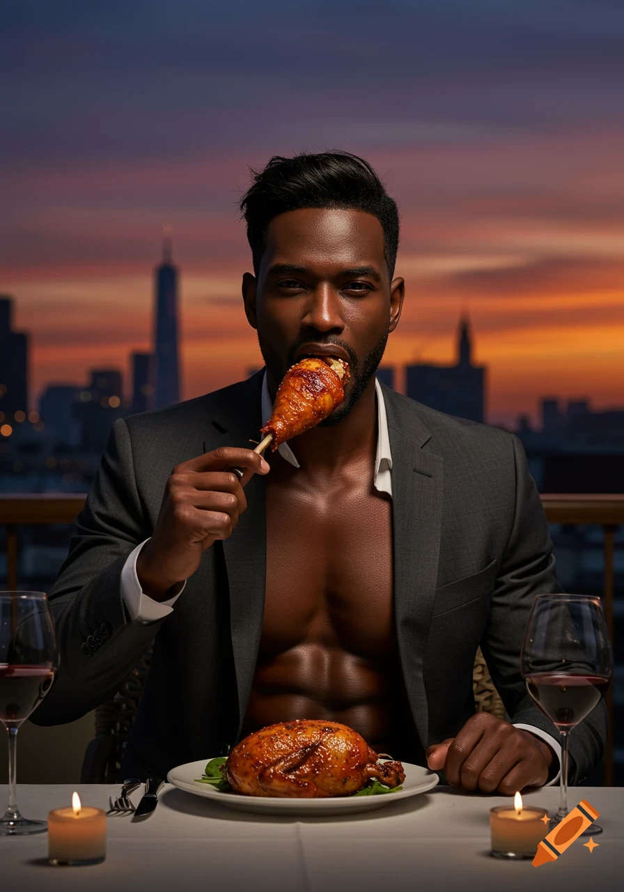 Photorealistic image of a muscular man in a suit jacket eating a chicken drumstick at an outdoor fine dining table with a city skyline at sunset.