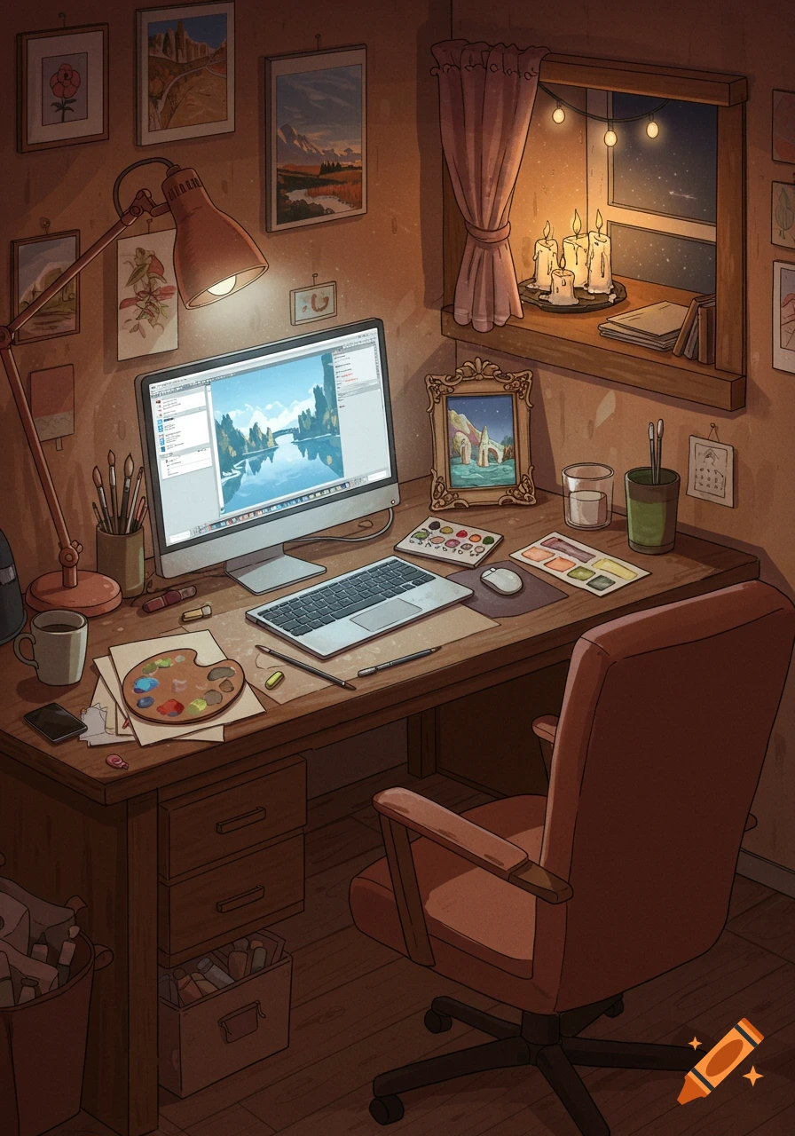 A cozy, warm-toned illustration of an artist's desk at night, with a computer displaying a landscape, art supplies, and candles by a window.