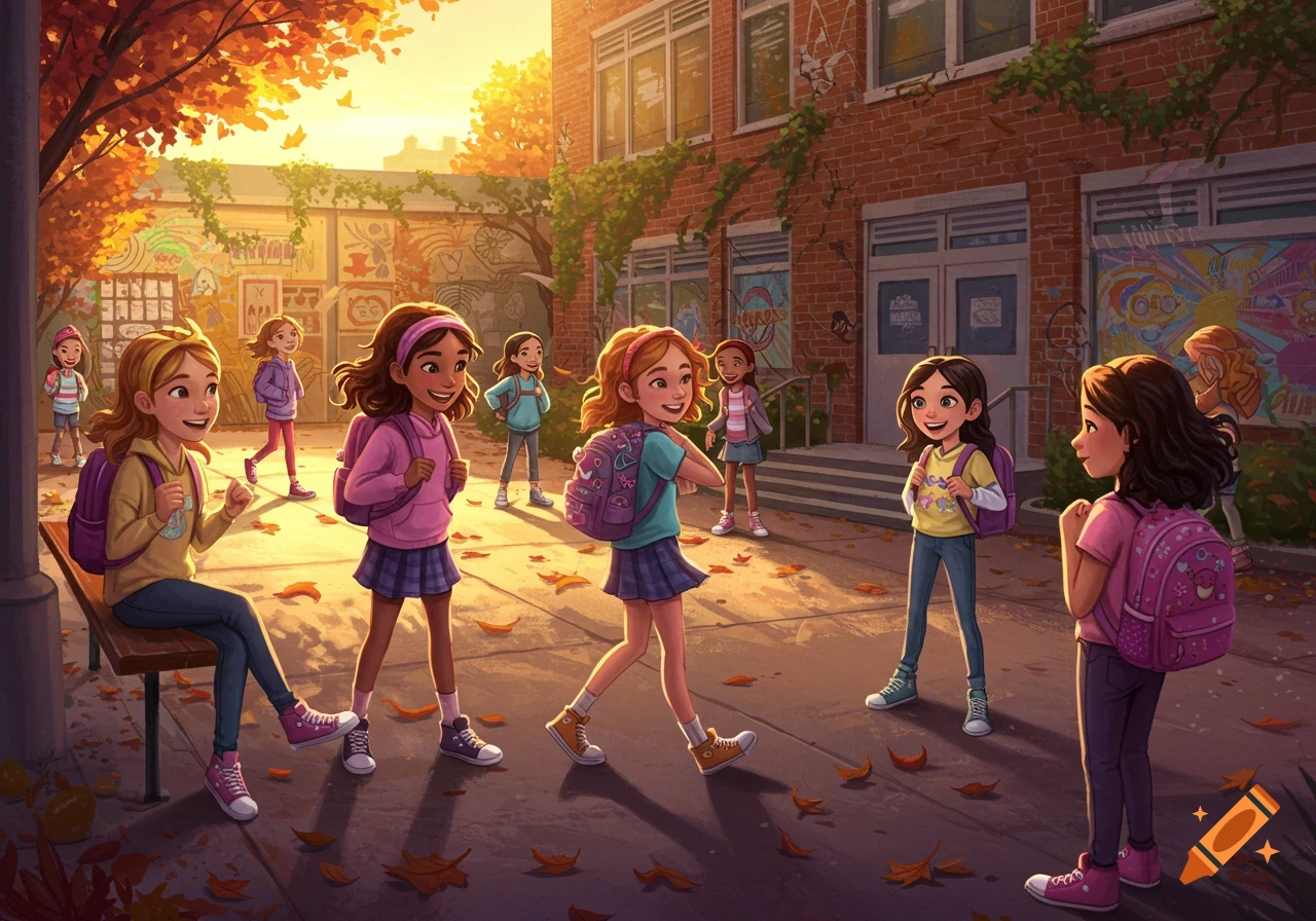 Illustration of diverse pre-teen girls with backpacks in a school courtyard with autumn leaves and golden light.