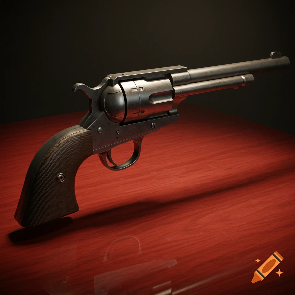 A dark, metallic revolver with a textured brown handle rests on a polished red wooden surface in a dimly lit setting.