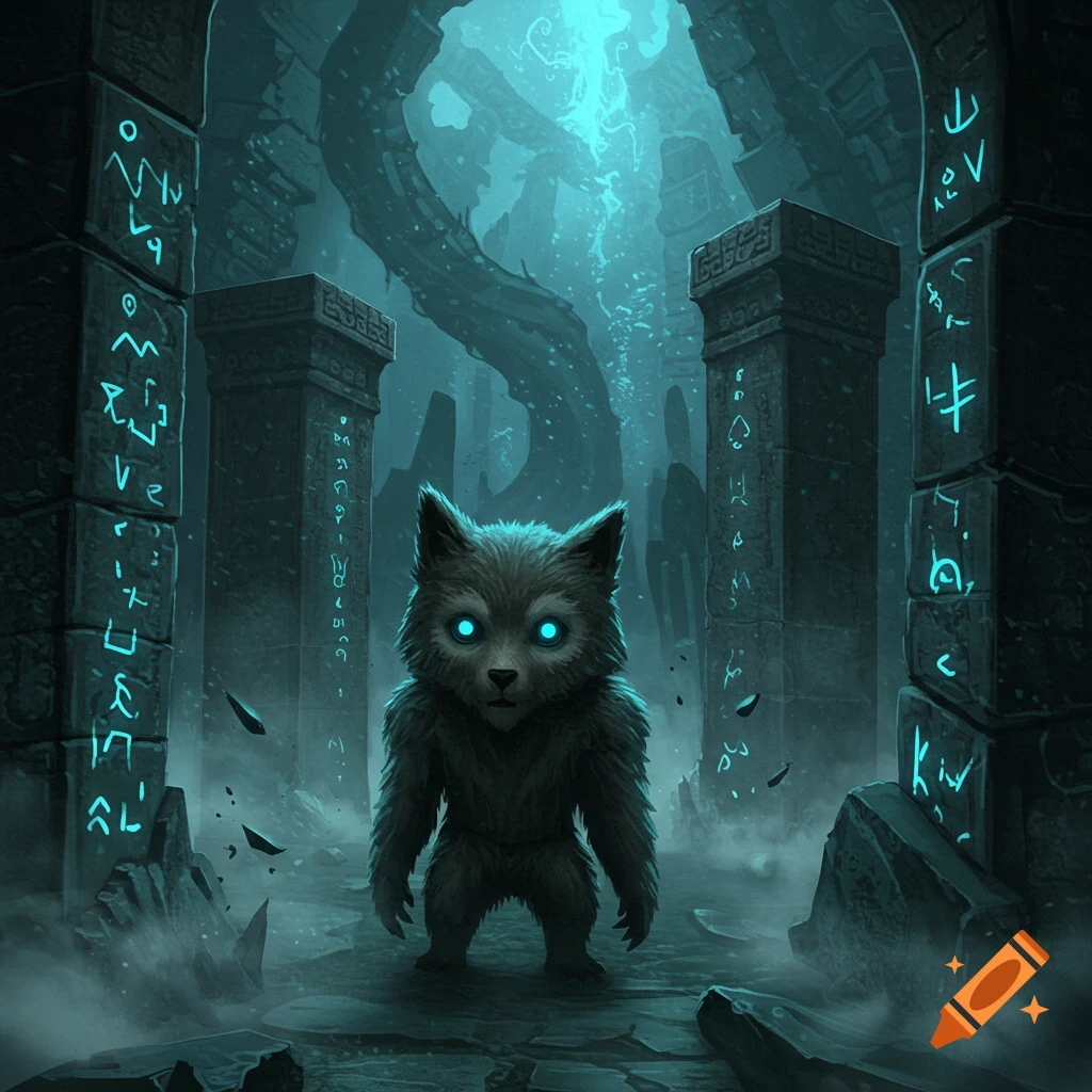 A small, furry, werewolf-like creature with glowing blue eyes stands in a dark, ancient, ruin-filled labyrinth with glowing blue runes.