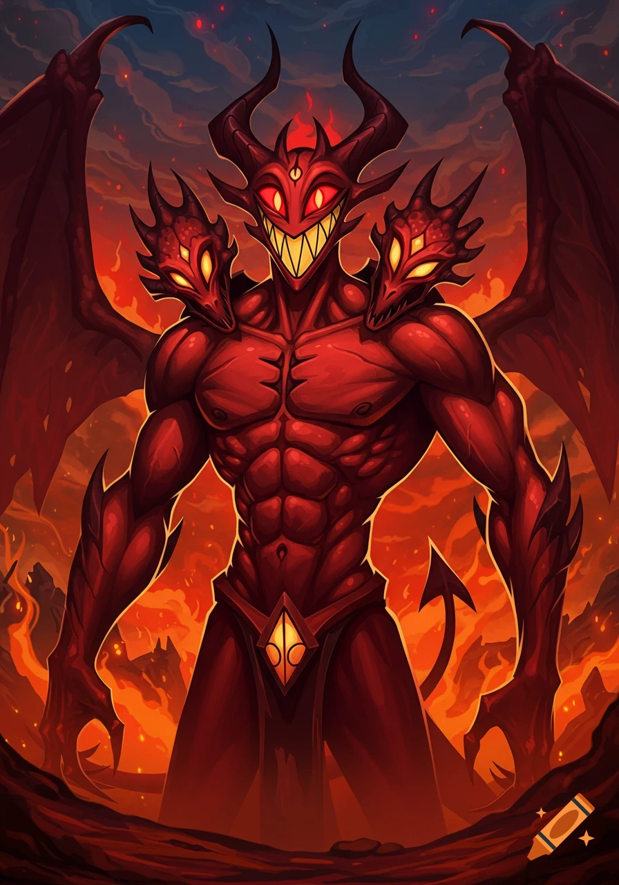 Red, muscular demon overlord with multiple dragon heads and large wings, standing in a fiery hellscape, in a cartoon style.
