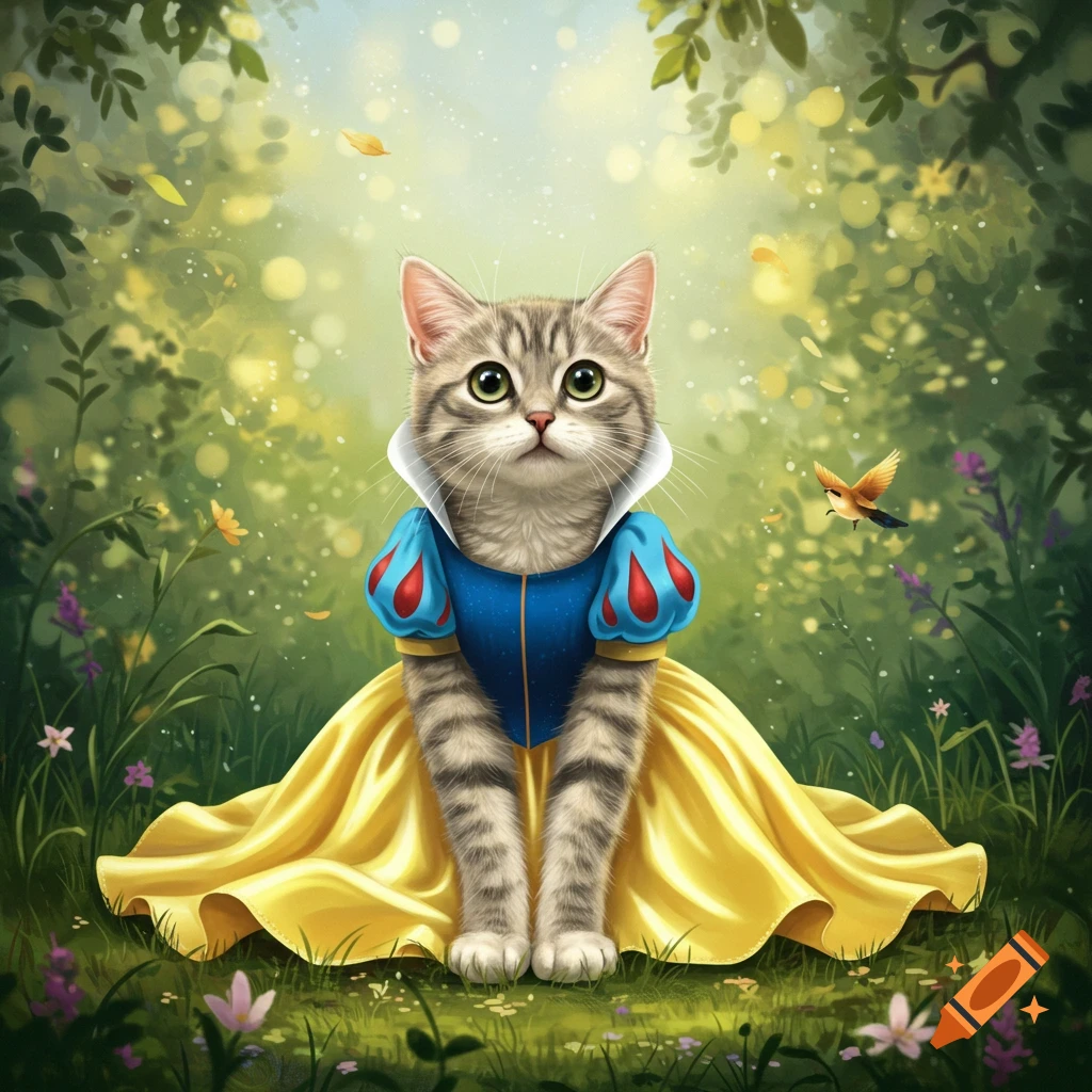 A cute, fluffy tabby cat wearing a Snow White-like blue and yellow dress, sitting in a whimsical green forest clearing.