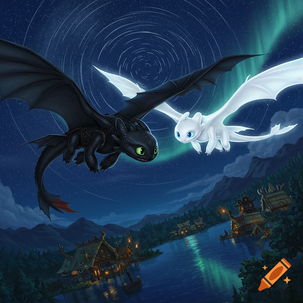 Toothless and Light Fury fly gracefully over a charming village at night under a starry sky with an aurora.