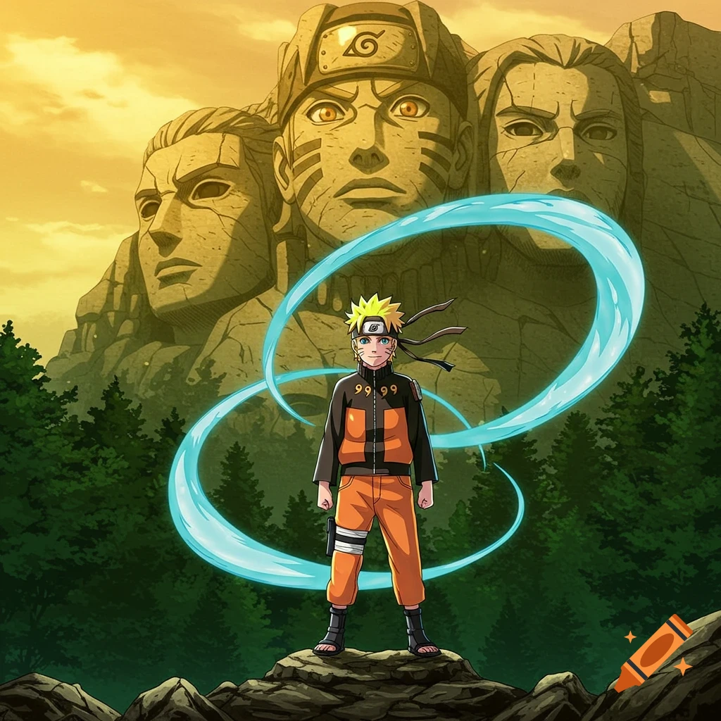 Naruto stands on a rock before mountain carvings of characters, surrounded by blue energy in an anime style.