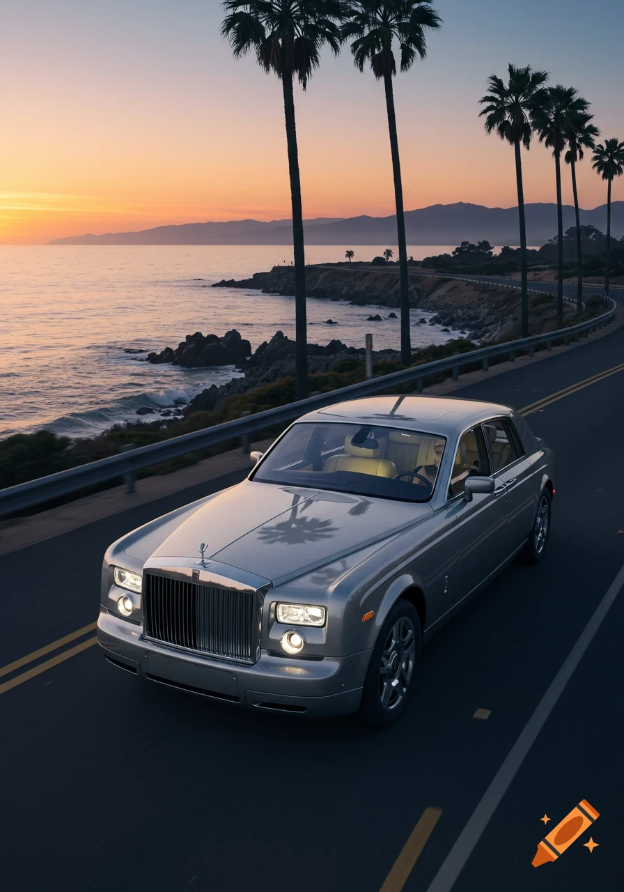A silver luxury car drives on a coastal road lined with palm trees at sunset.