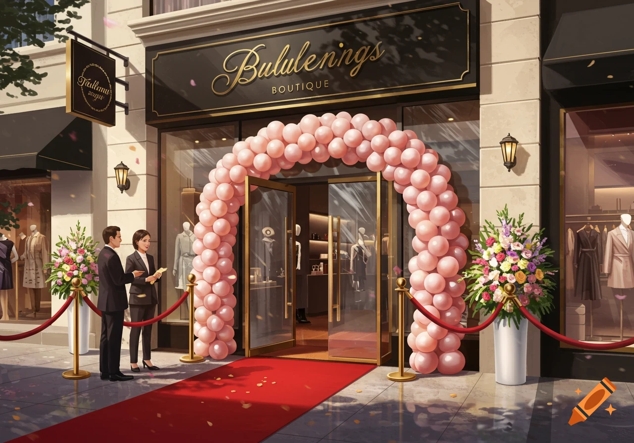 A grand opening ceremony for a boutique, featuring a pink balloon arch, red carpet, flower arrangements, and two staff members.
