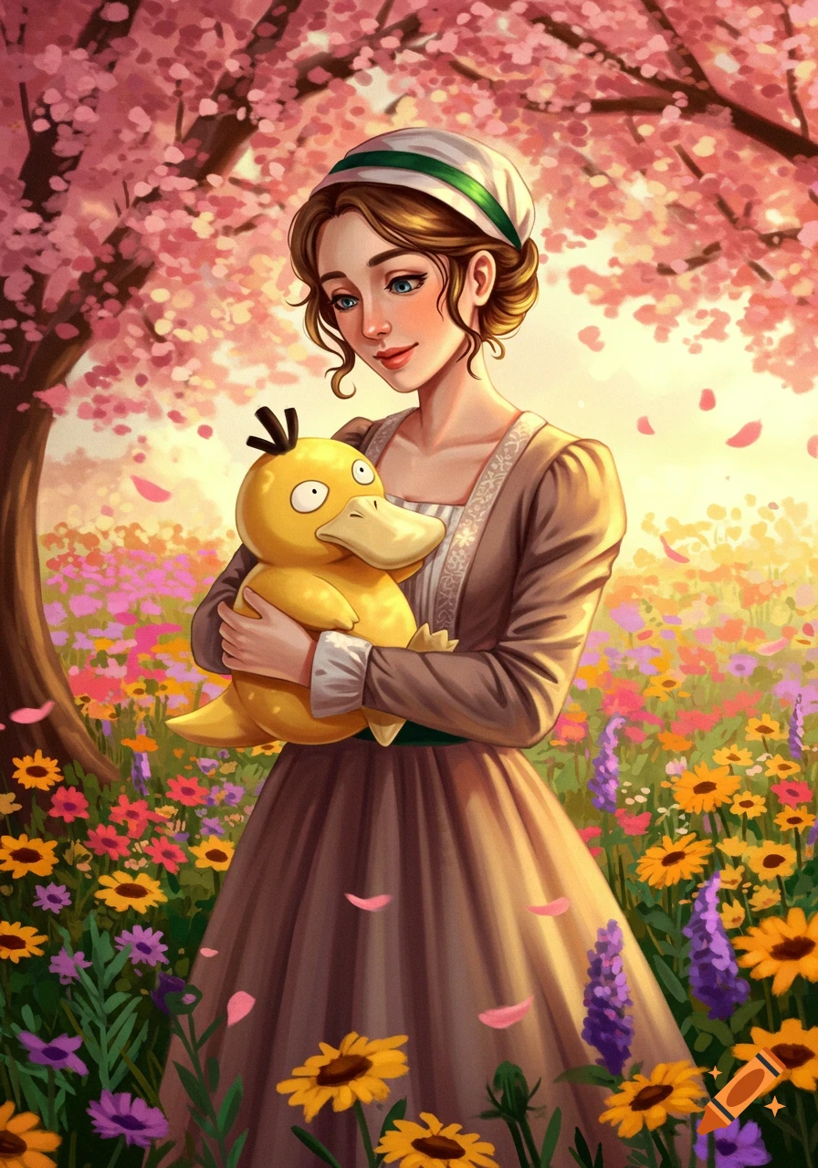 A beautiful woman holding a Psyduck in a vibrant field of colorful flowers under a pink cherry blossom tree, in an artistic illustration.