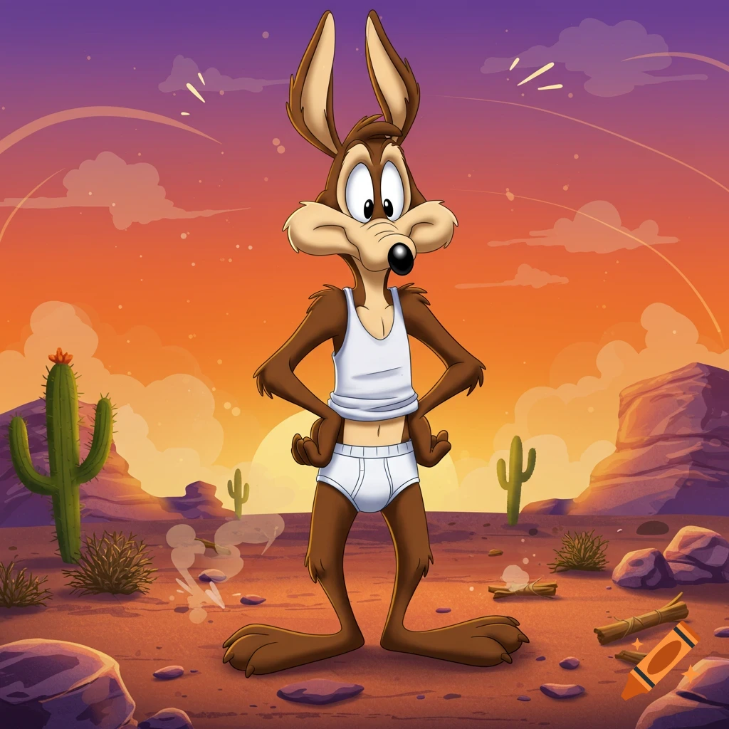 Wile E. Coyote stands in a desert wearing a white tank top and white briefs, looking surprised.