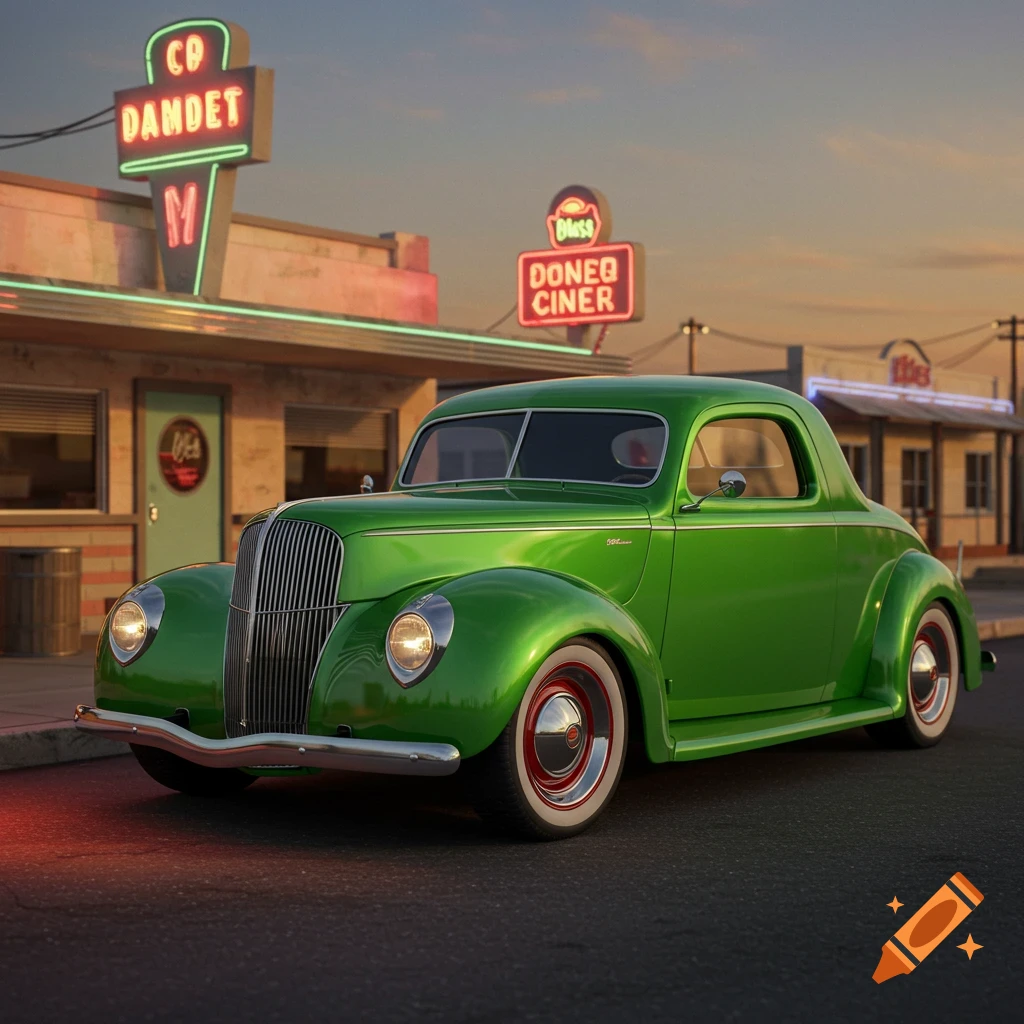 A vibrant green 1940 Ford coupe with a chopped roof parked in front of a diner with neon signs at sunset, photorealistic.