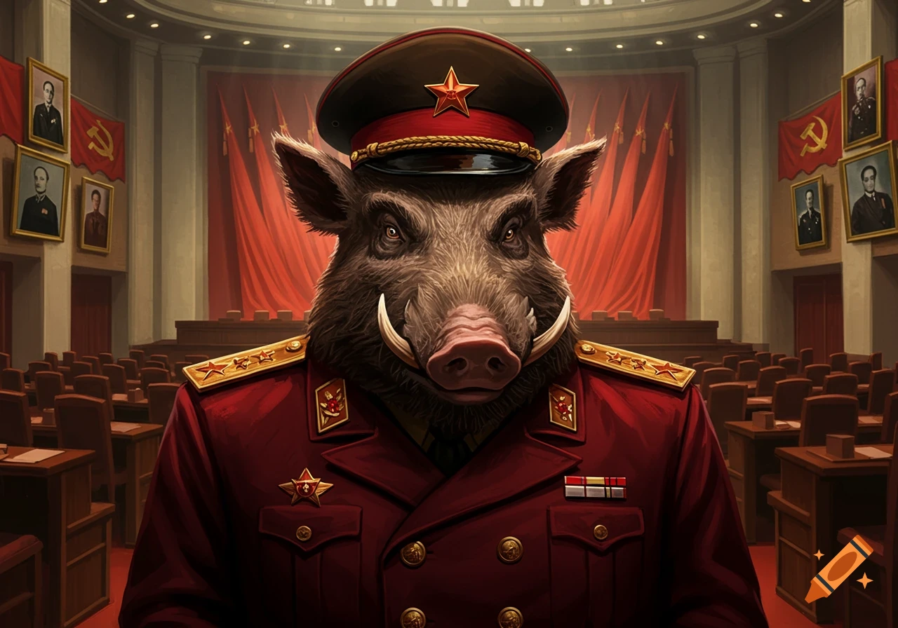A stern wild boar in a red communist general's uniform stands in a grand hall with red banners and portraits.