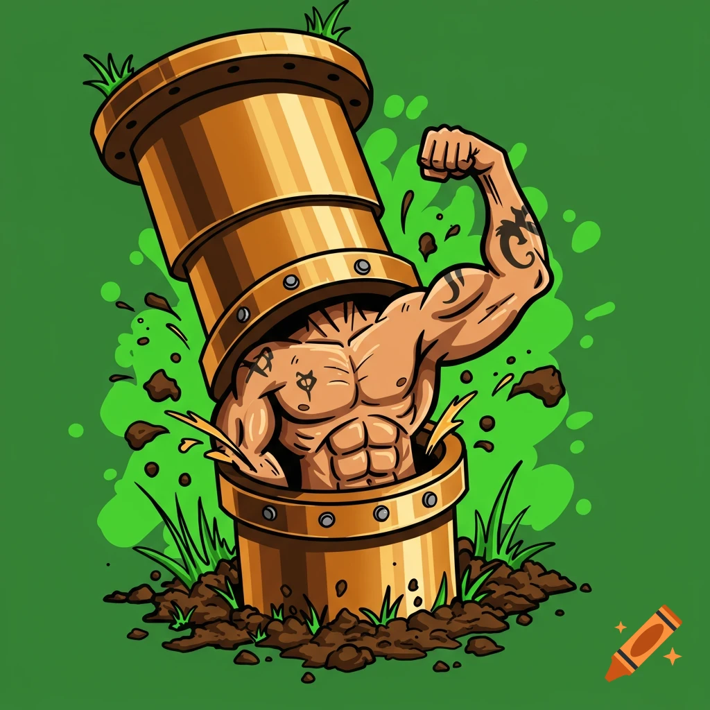A muscular, tattooed arm and torso emerge from a golden pipe in the ground, surrounded by dirt and grass, in a bold clipart style.