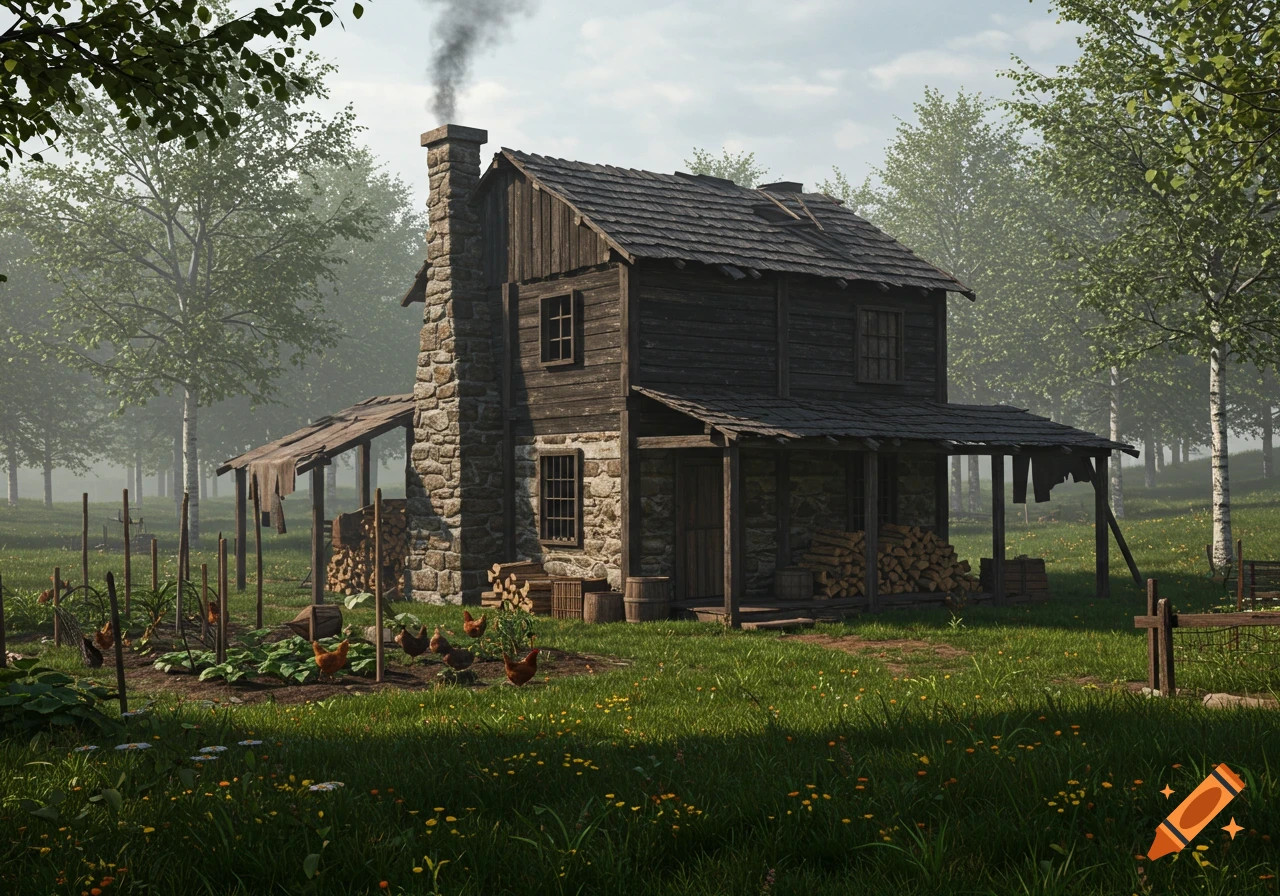 Photorealistic old wooden and stone cabin with a smoking chimney, surrounded by a small garden with chickens and trees.