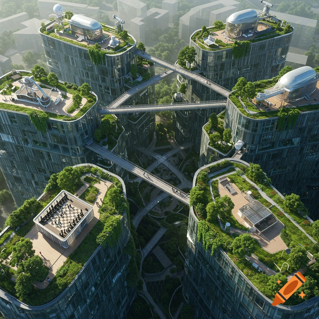 Photorealistic aerial view of six futuristic buildings with green roofs, connecting bridges, a rooftop chessboard, and telescopes.