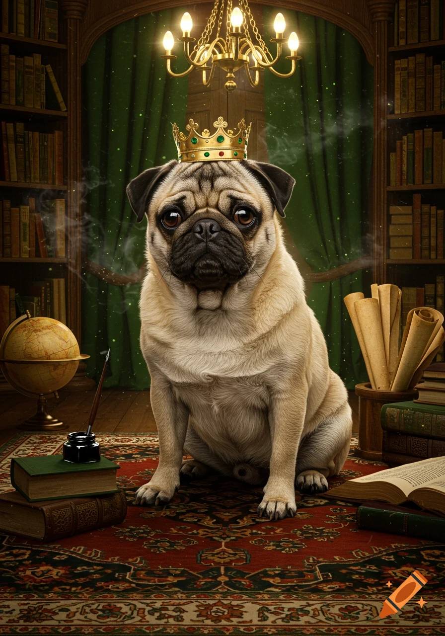 A majestic pug dog wearing a gold crown sits in a grand, dimly lit library with bookshelves, a globe, and an inkwell.