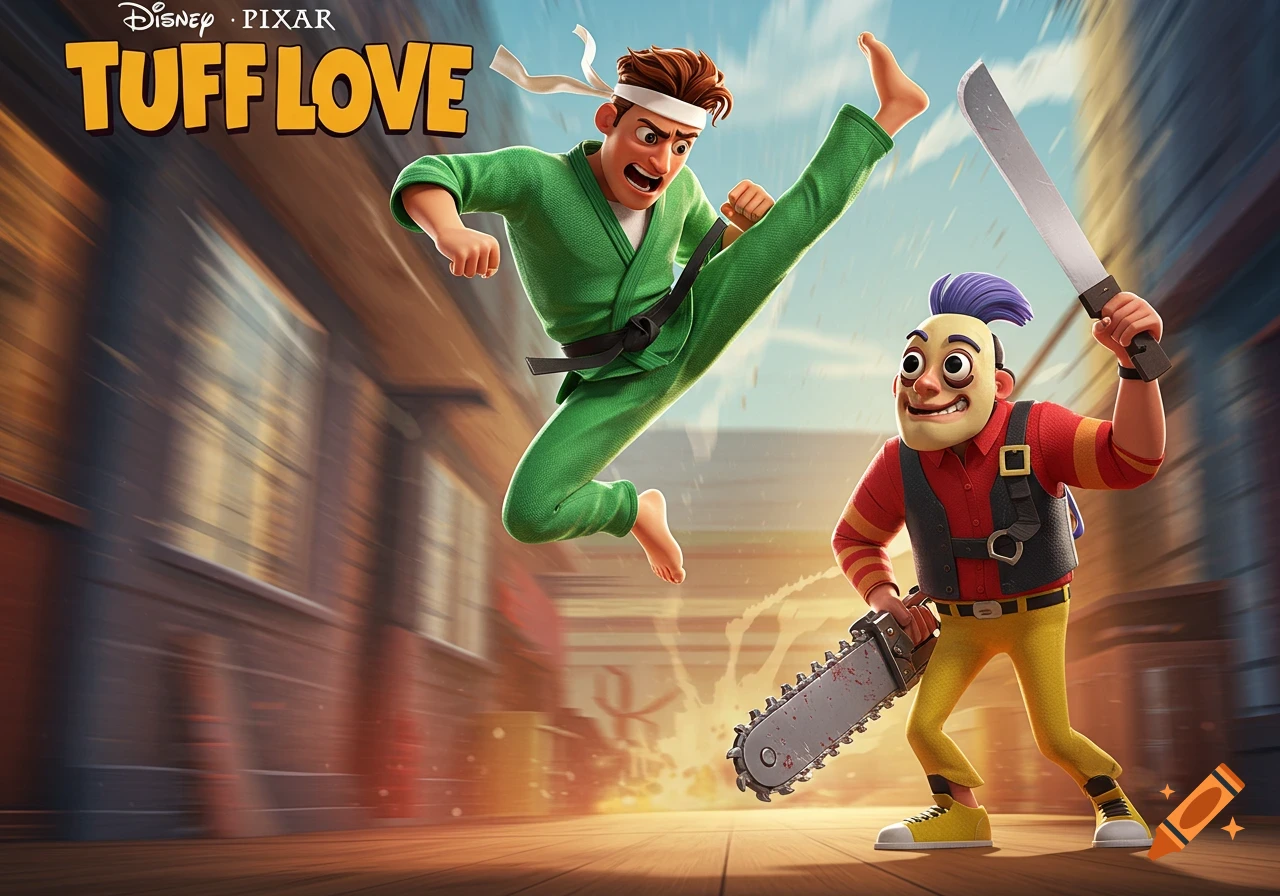 A dynamic Pixar-style movie poster shows a man in a green karate gi drop-kicking a mohawked man with a chainsaw and machete.