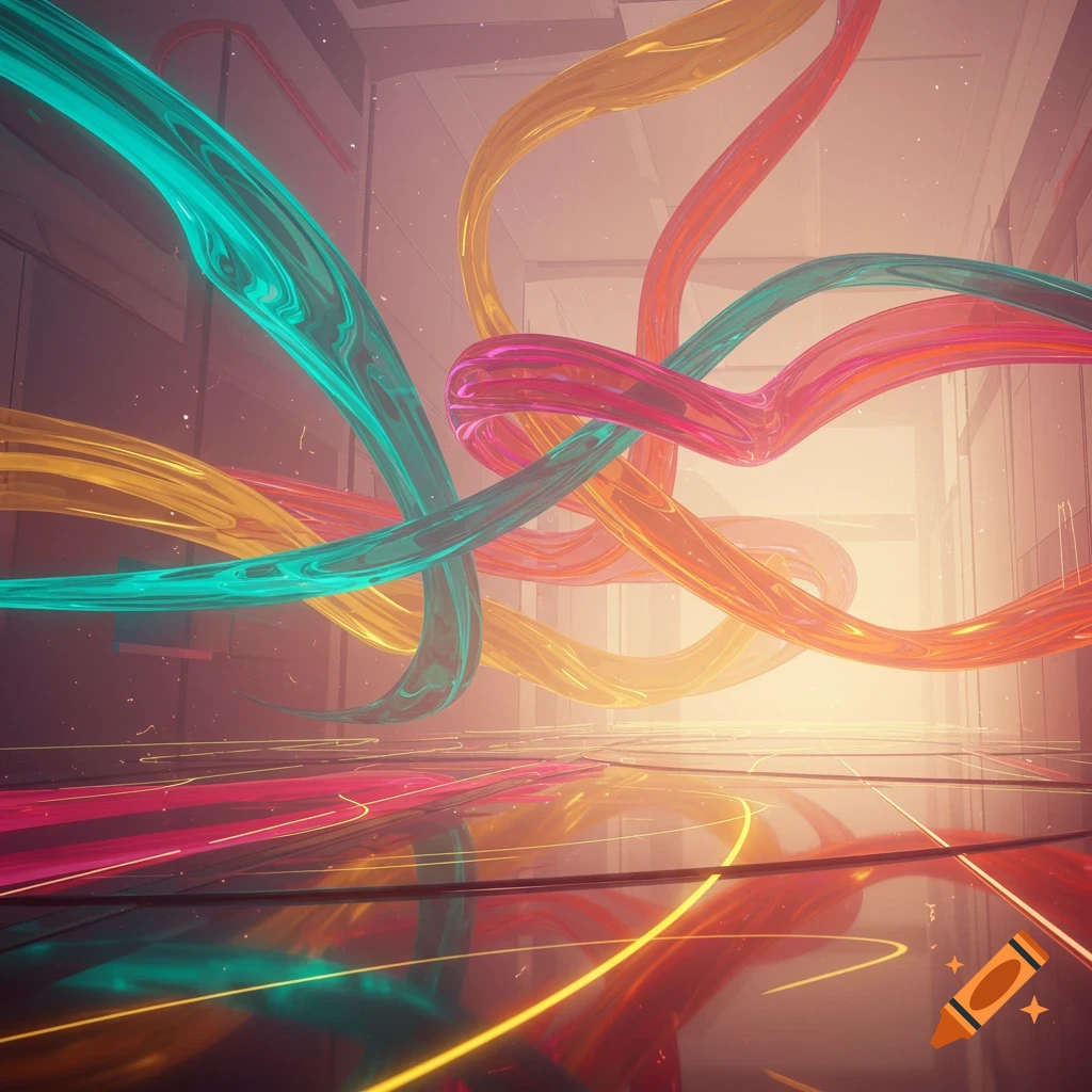 Vibrant, glowing abstract ribbons in cyan, yellow, pink, and orange float in a reflective, futuristic room.