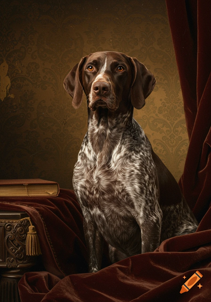 A photorealistic antique portrait of a German Shorthaired Pointer dog sitting on a red velvet cloth.