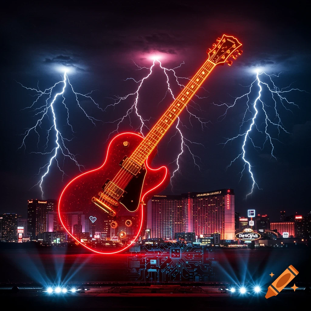 A glowing red electric guitar stands tall against a stormy night sky with lightning, above a neon-lit city skyline and a circuit board reflection.