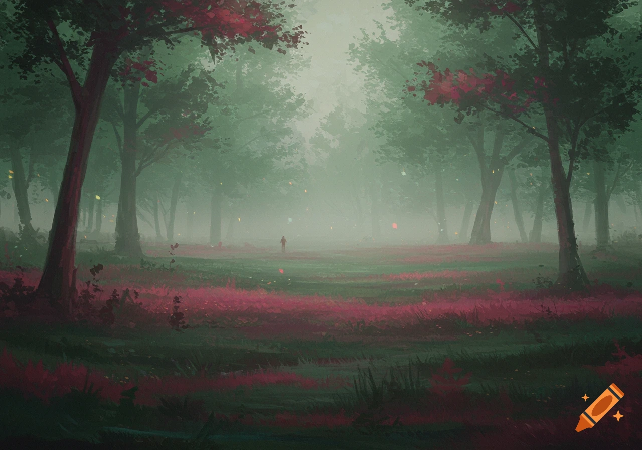 A foggy, stylized forest with red and green foliage, a lone figure in the distance, and glowing particles. Digital art.