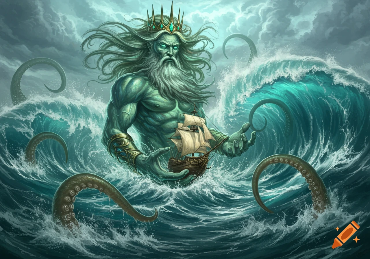 Detailed illustration of King Neptune emerging from a stormy ocean, holding a sailing ship, surrounded by kraken tentacles.