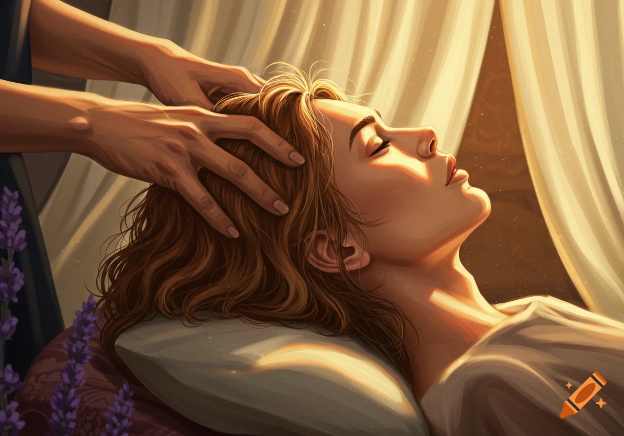 Illustrated portrait of a person with closed eyes receiving a head massage, illuminated by sunlight with lavender nearby.