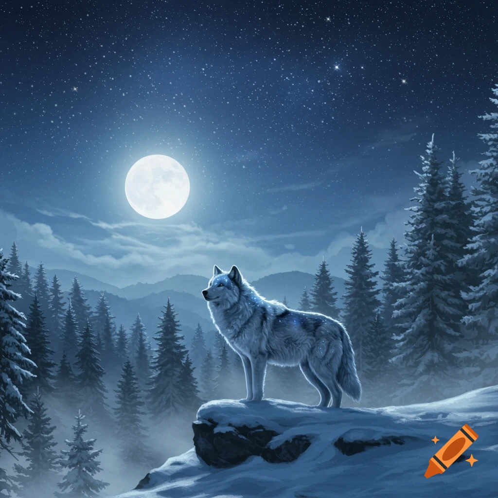 A white wolf stands on a snowy rock in a moonlit winter forest under a starry night sky.