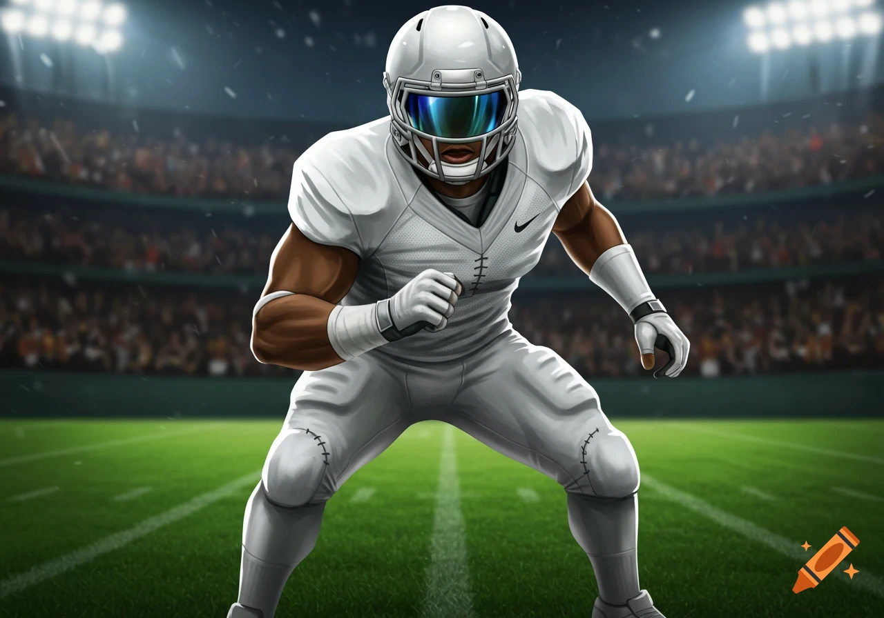 Animated football player in a white uniform, helmet with a black visor, and gloves, in a ready stance on a stadium field.