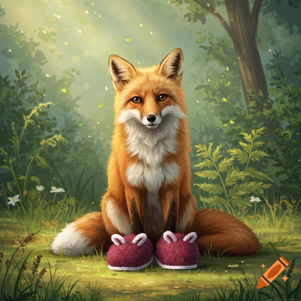A cute red fox with fuzzy red slippers sits in a bright, lush green forest. Digital art illustration.