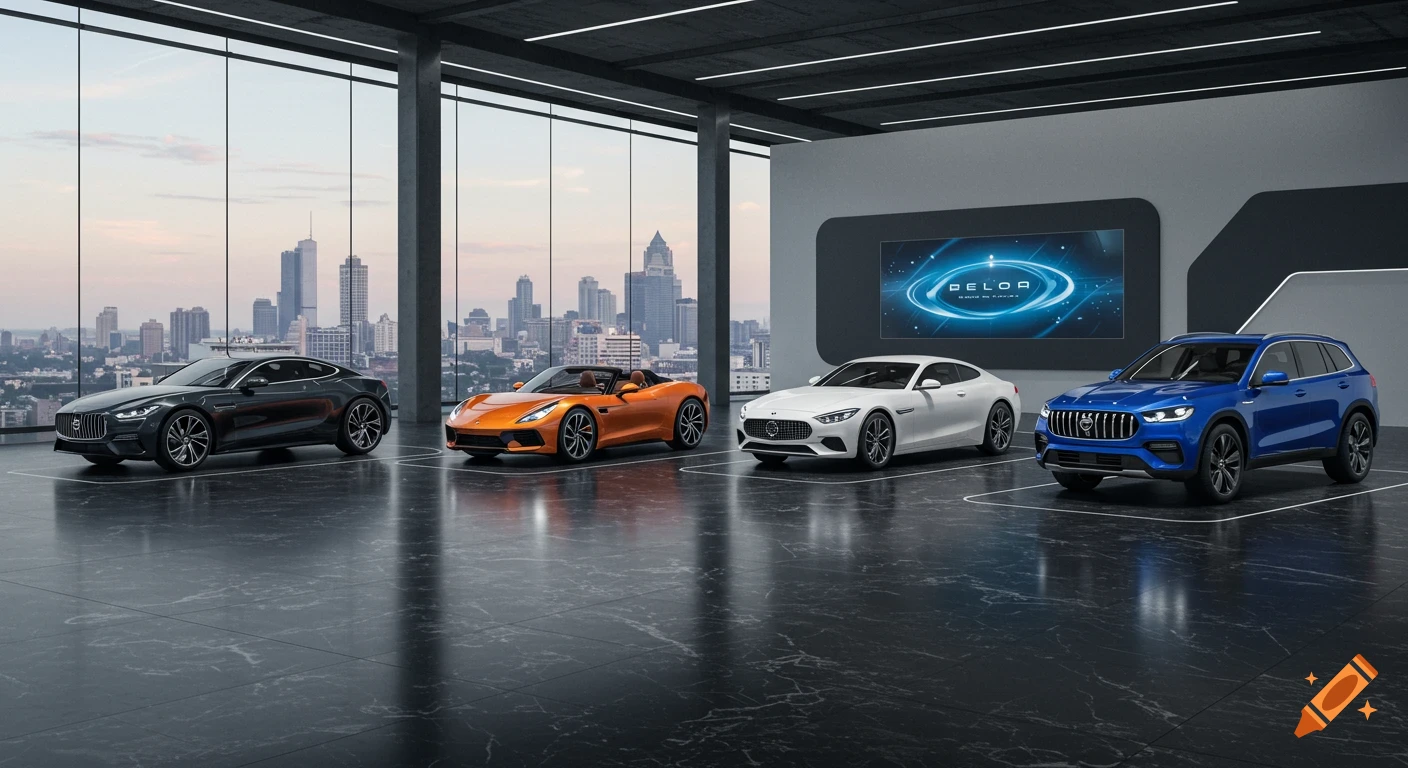 Four photorealistic luxury cars dealer black coupe, orange convertible, white coupe, blue SUV in a modern showroom with city skyline views.