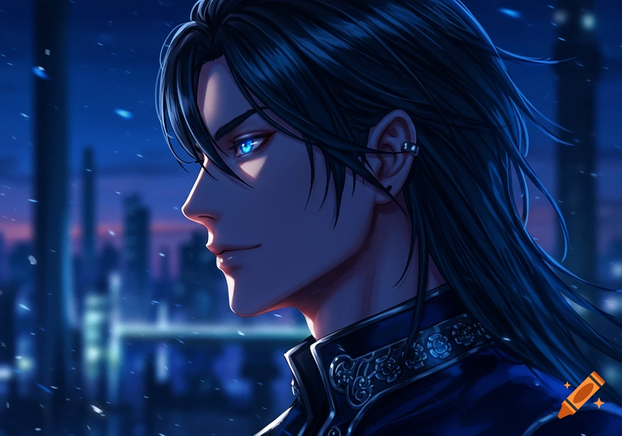 Anime male character in side profile with long dark hair, glowing blue eyes, and an ornate collar, gazing at a futuristic city at night.