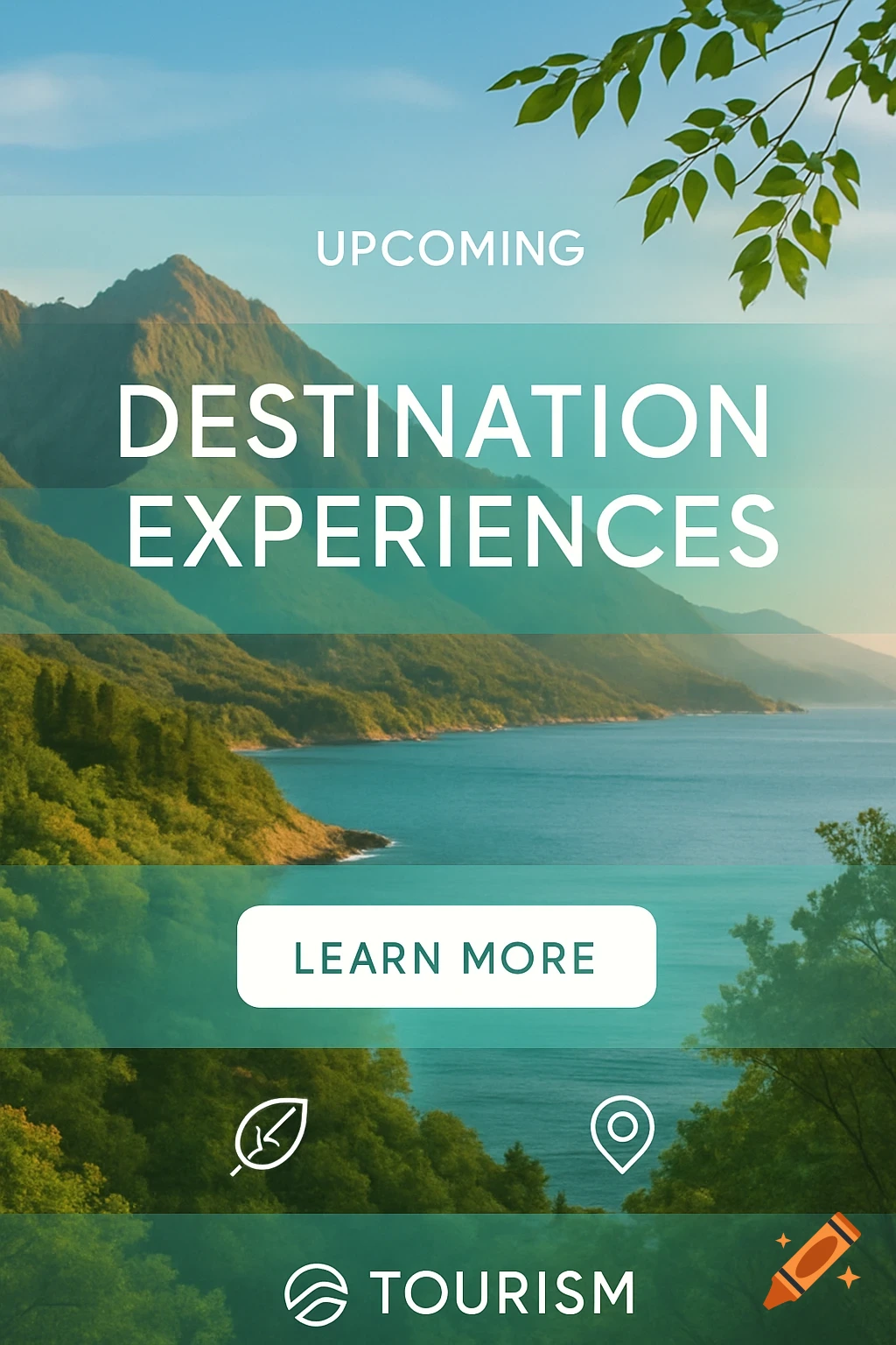 Promotional graphic for upcoming destination experiences in a natural mountain and ocean landscape.