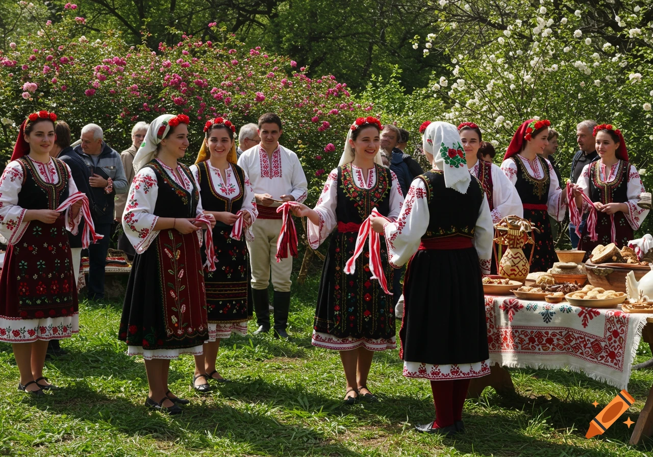 Women in traditional Bulgarian costumes at an outdoor spring festival with blooming roses and a table of food.