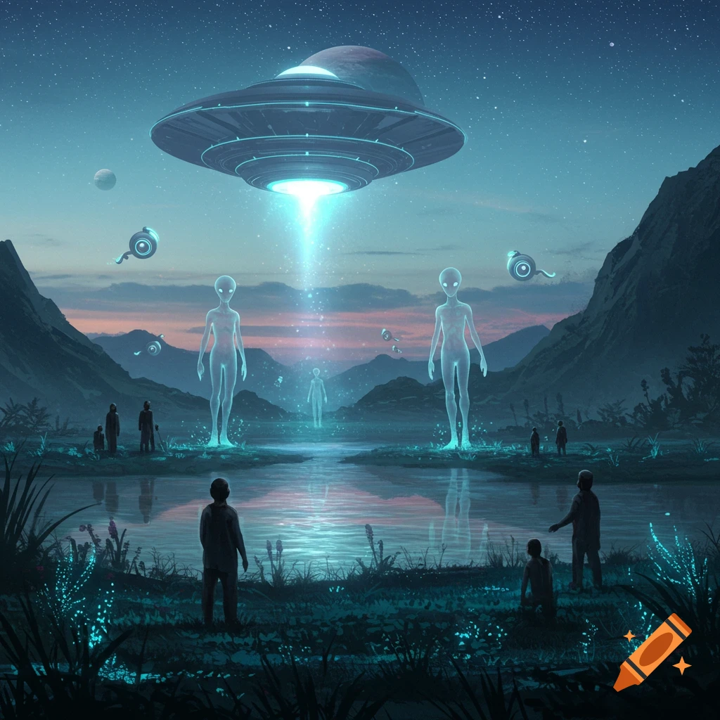 A UFO beams light onto ethereal aliens meeting humans by a lake at night, surrounded by glowing plants and mountains.