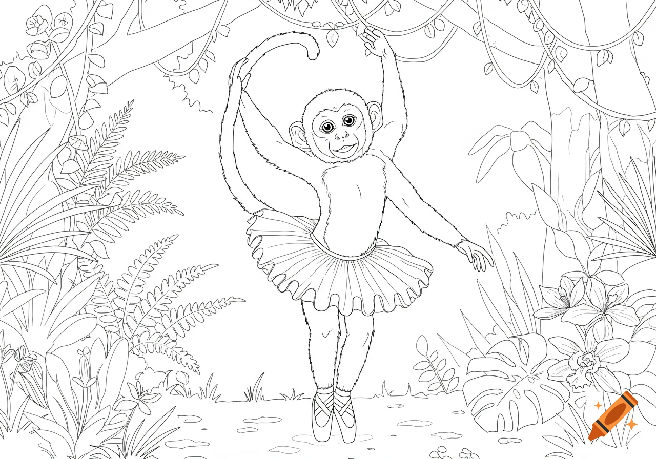 A monkey ballerina dances in a jungle, a black and white line art coloring book illustration.