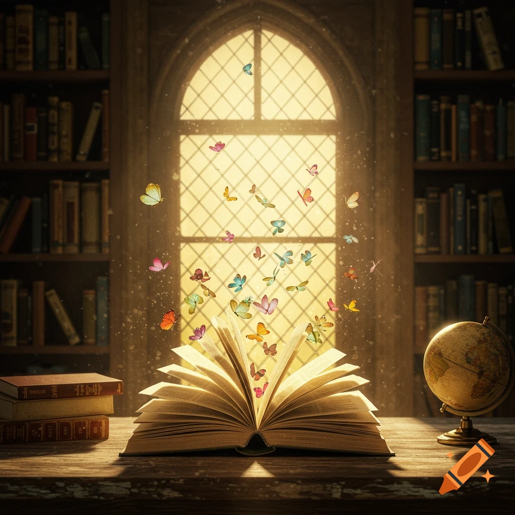 Open book on a desk with colorful butterflies flying out, in a sunlit library with bookshelves and a globe.