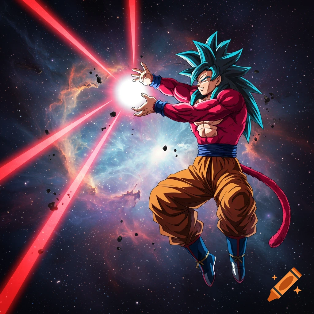 Goku, Super Saiyan 4 with blue hair, floats in space with a nebula, charging a glowing energy ball as red lasers streak past.