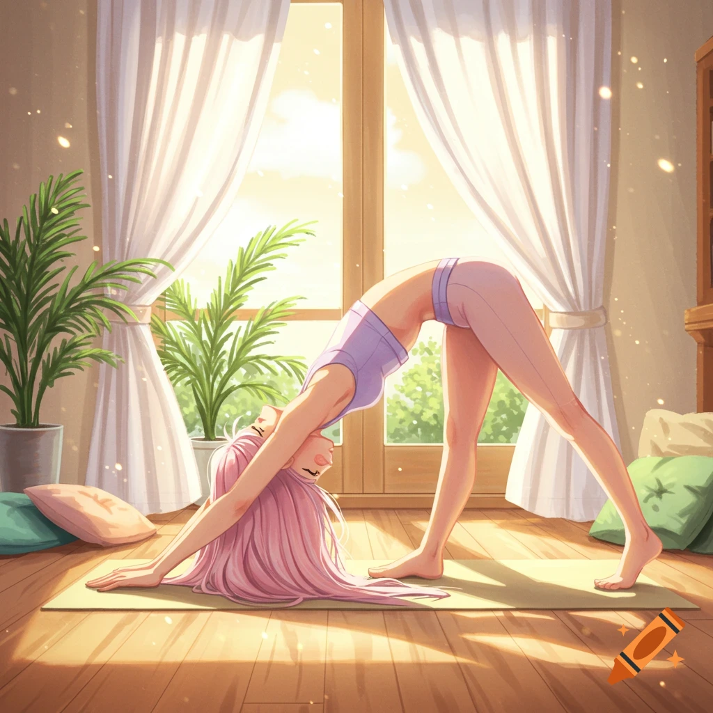 An anime girl with pink hair doing a yoga pose on a mat in a bright, sunlit room with plants and white curtains.