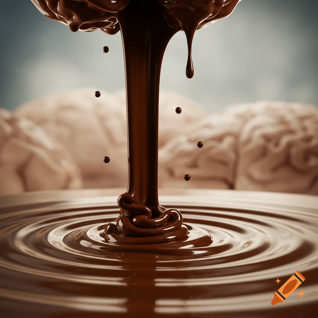 Surreal, hyper-detailed image of melted chocolate dripping from a human brain into a pool, creating ripples.
