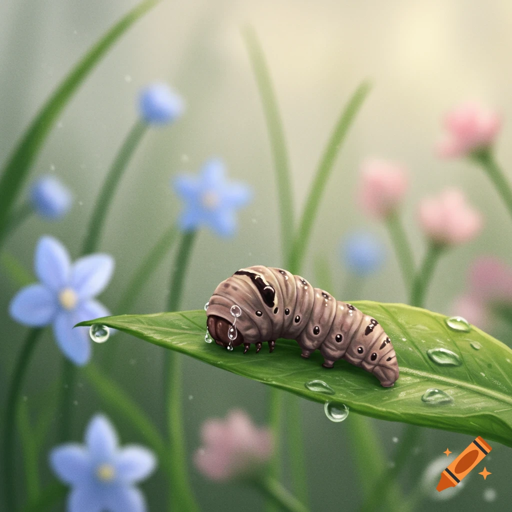 A cute, sad caterpillar covered in water droplets sits on a green leaf, with blurred blue and pink flowers in the background.
