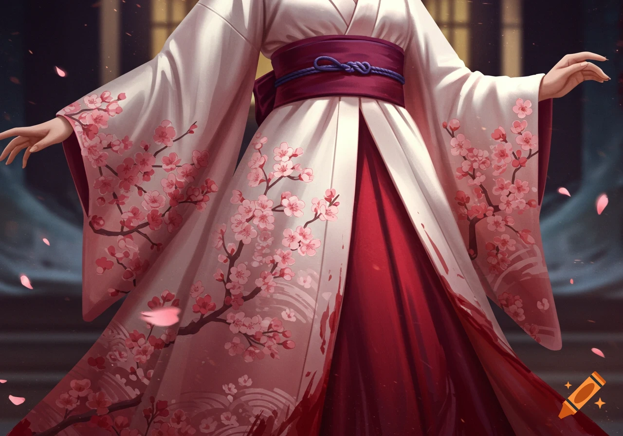 Close-up of a white kimono with pink cherry blossom branches, a red obi, red undergarment, and red stylized splashes on the lower fabric.