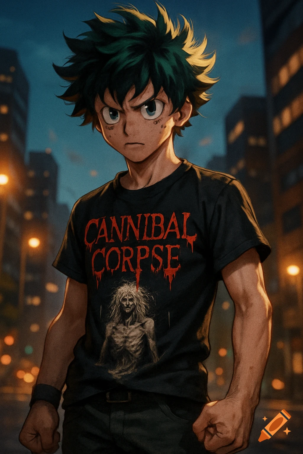 An anime character with green hair and freckles wears a black t-shirt with "CANNIBAL CORPSE" in red dripping letters and a skeletal figure on it, standing in a city street at night.