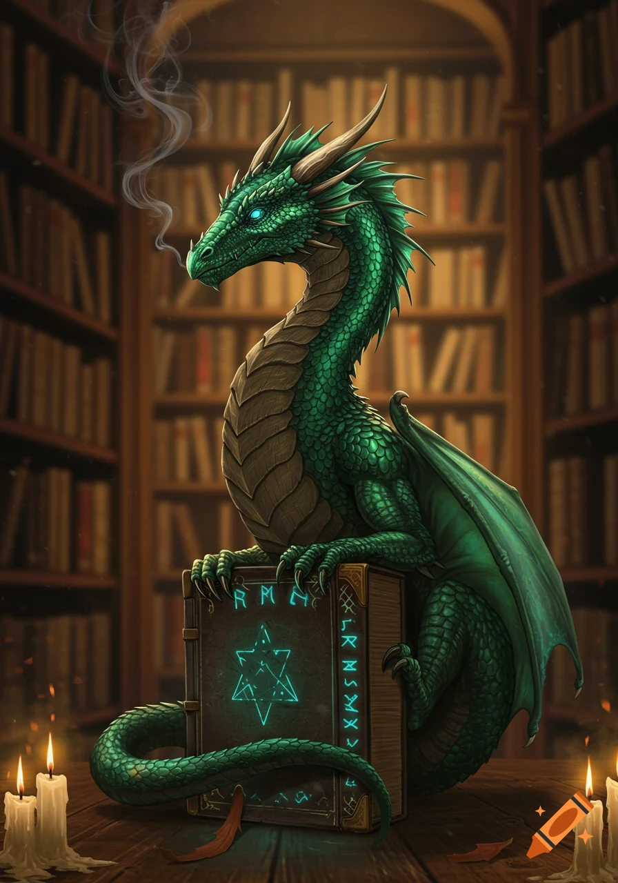 A majestic green dragon with blue eyes sits on an old magical book glowing with symbols in a dimly lit library, with candles burning nearby.