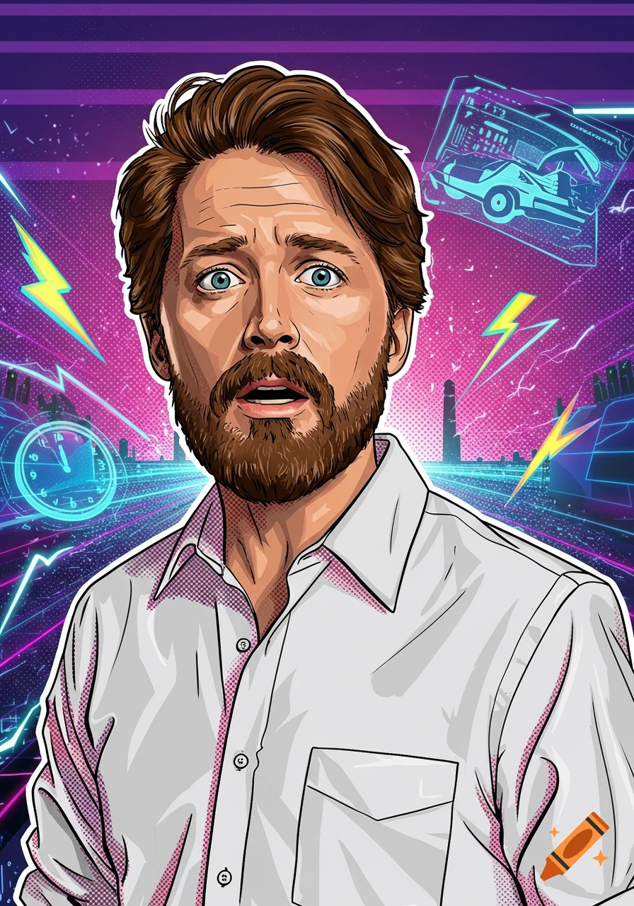 Pop art illustration of a surprised bearded man, similar to Michael J. Fox, against a neon retro-futuristic backdrop.