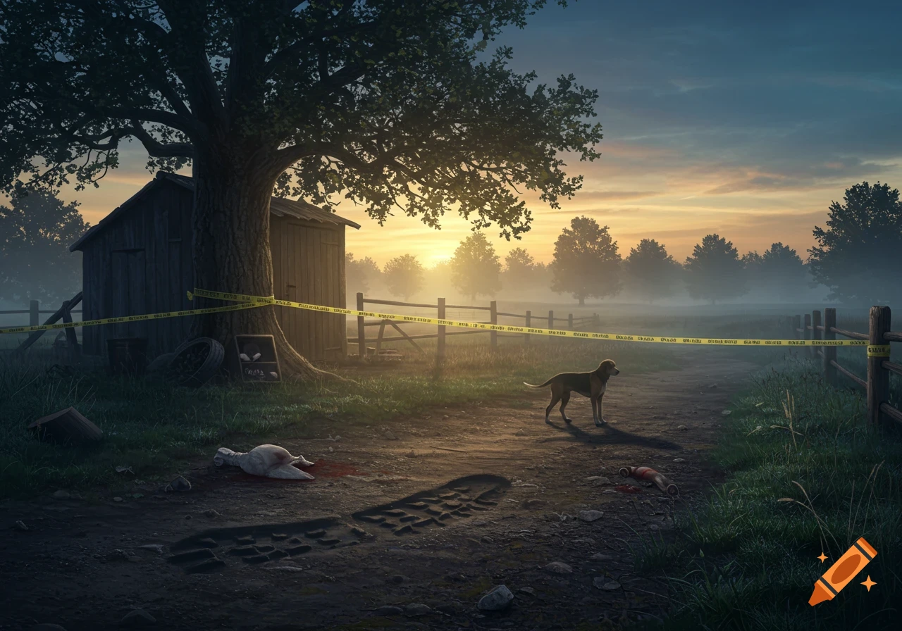 A rural crime scene at dawn or dusk with a dog on a dirt path, a large tree, shed, yellow caution tape, and blood-spattered dead animals.
