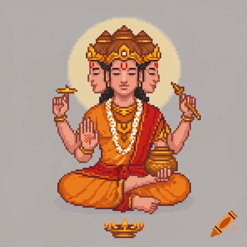 Pixel art sprite of the four-headed, four-armed Hindu deity Brahma, seated in meditation with divine symbols.