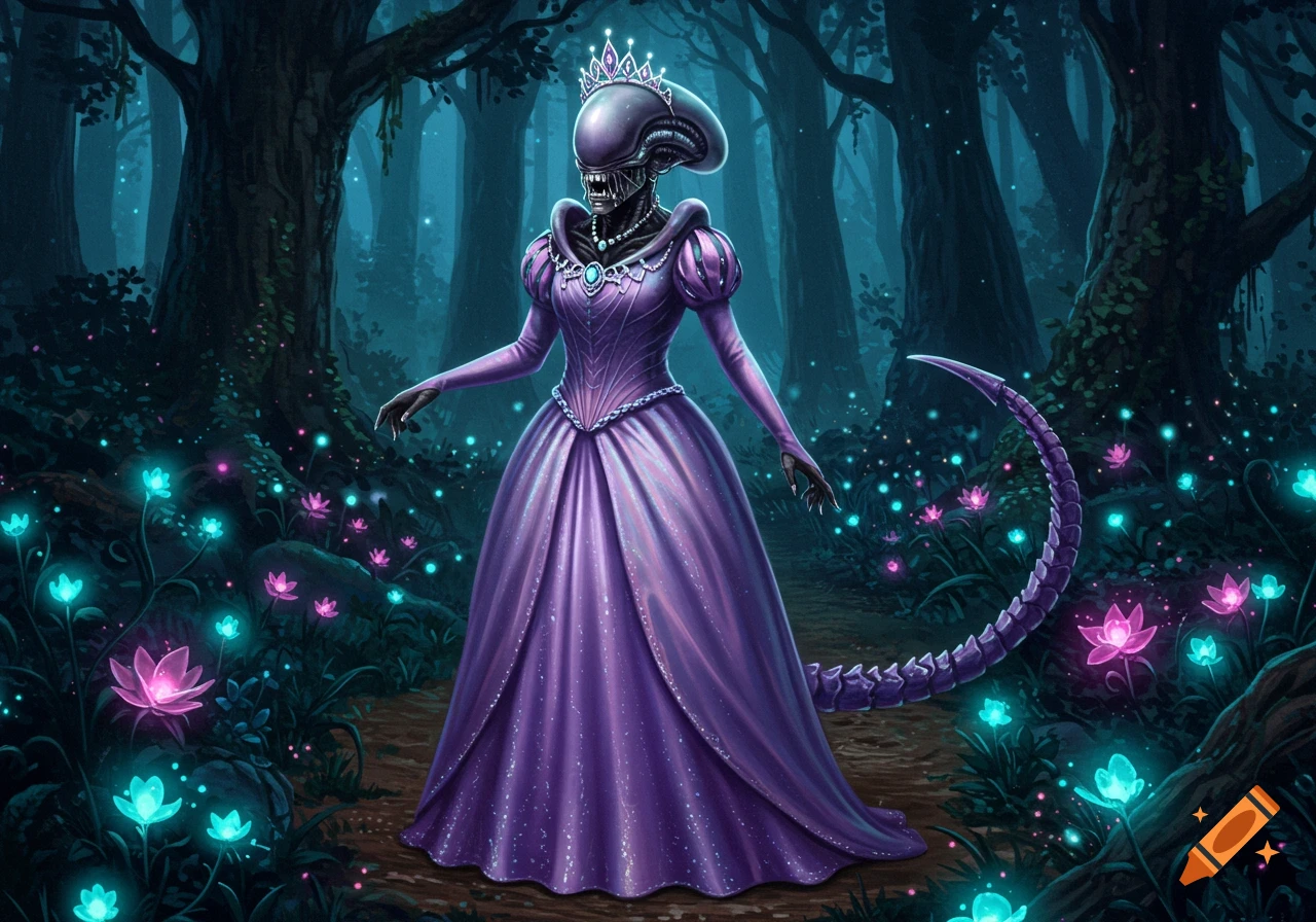 A Xenomorph in a shimmering purple princess gown and tiara stands on a magical forest path with glowing pink and blue flowers. Fantasy art.