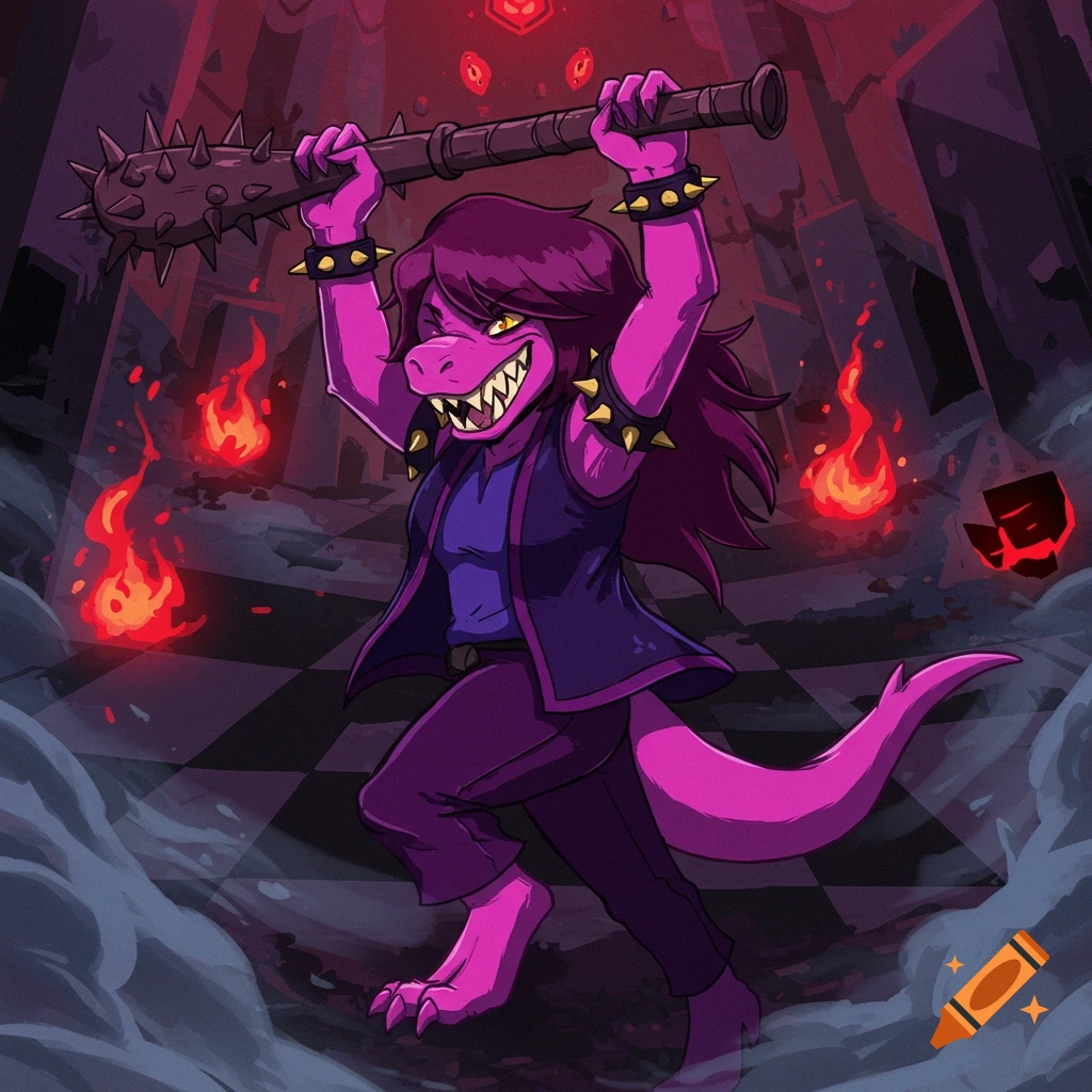 Purple lizard-like Susie from Deltarune holds a spiked mace overhead in a dark, fiery, cartoonish scene.