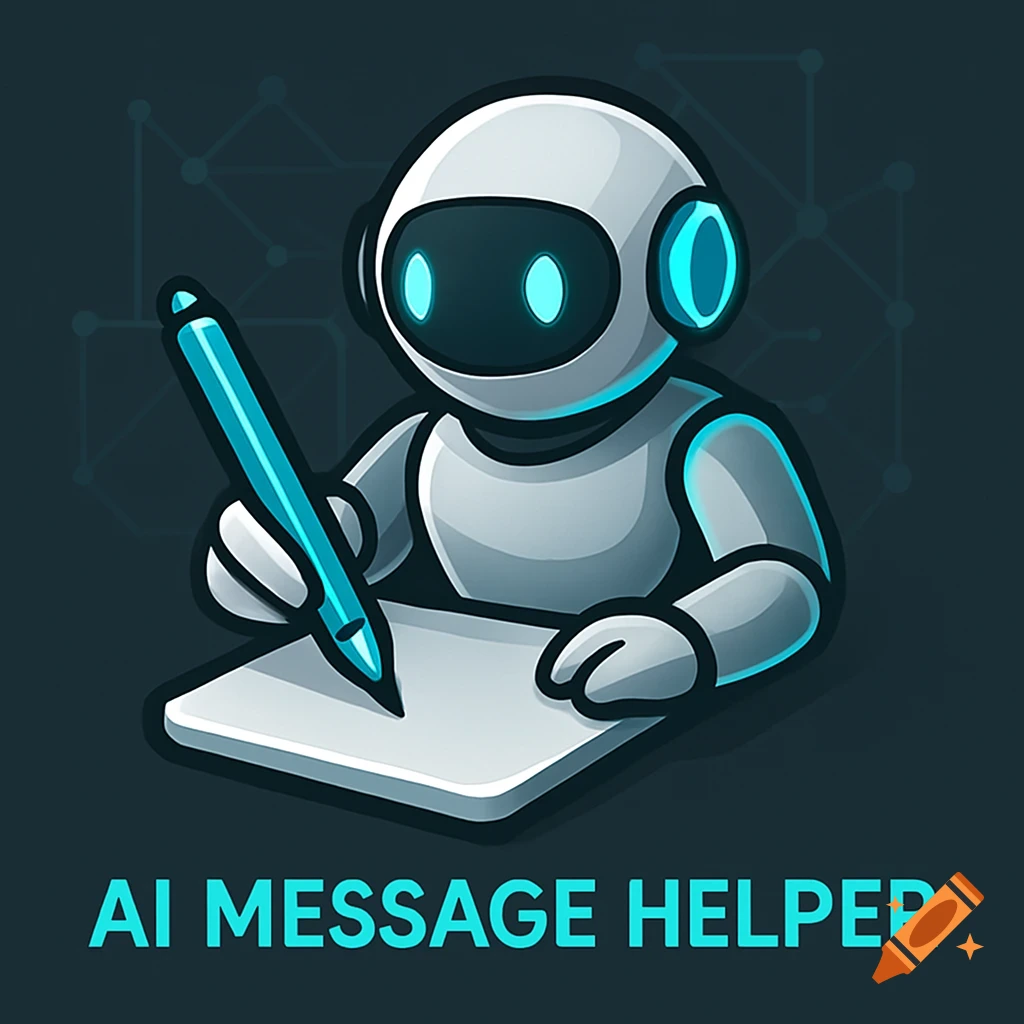 Vector illustration of a white robot with glowing blue eyes and headphones writing on paper with a teal pen, text 'AI MESSAGE HELPER'.