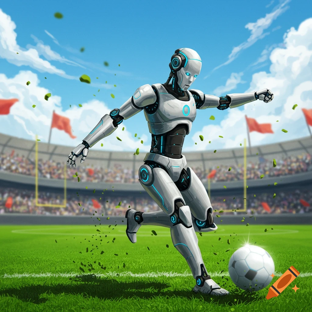 A futuristic robot with glowing blue accents kicks a football on a green field in a stadium under a blue sky.